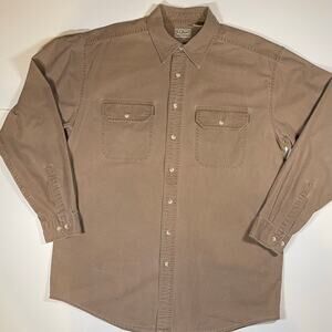 LL Bean Sz L Tall Heavyweight Cotton Work Shirt Tan Chore Overshirt Button Front